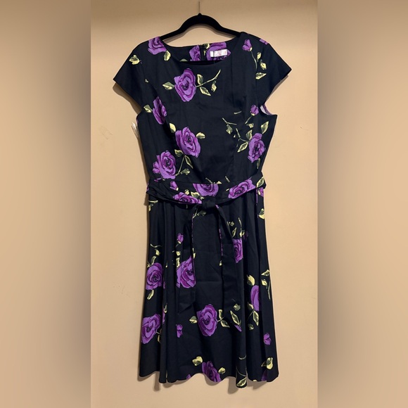Dressystar Dresses & Skirts - Women's Black Fit and Flair Midi Dress with Purple Rose Print and Waist Tie 2X